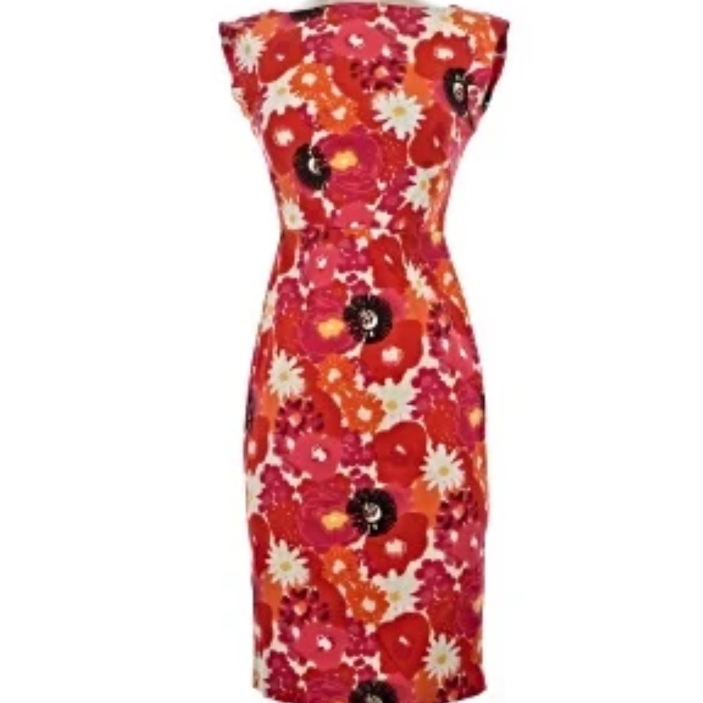 Club Monaco sleeveless floral sheath dress red, orange, white floral print sz 12